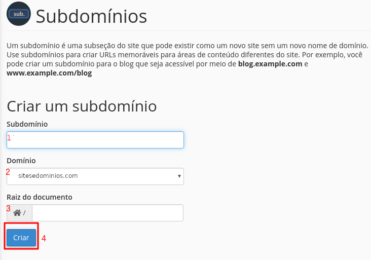 criar subdominios cpanel