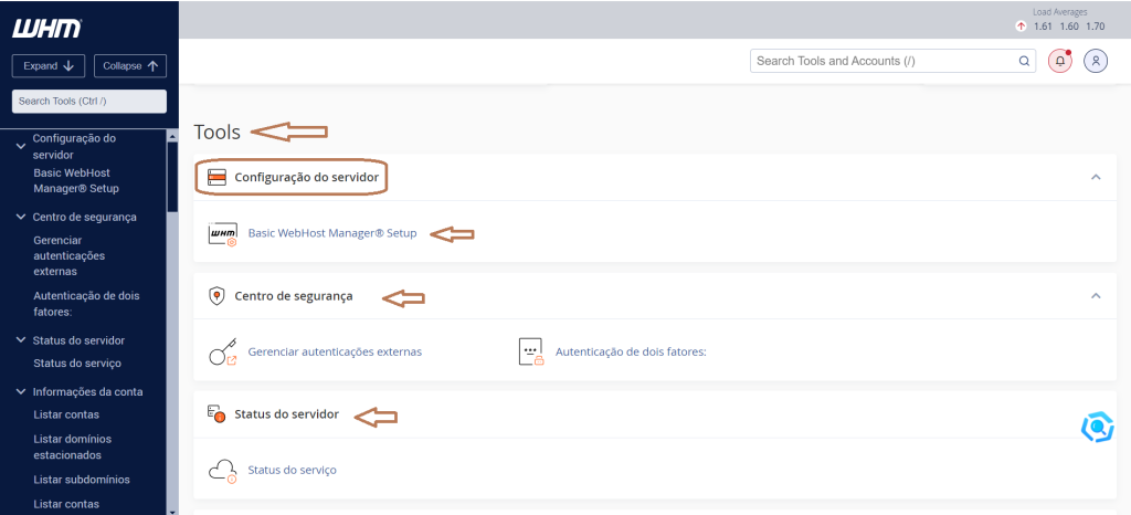 Painel gerenciador do WHM